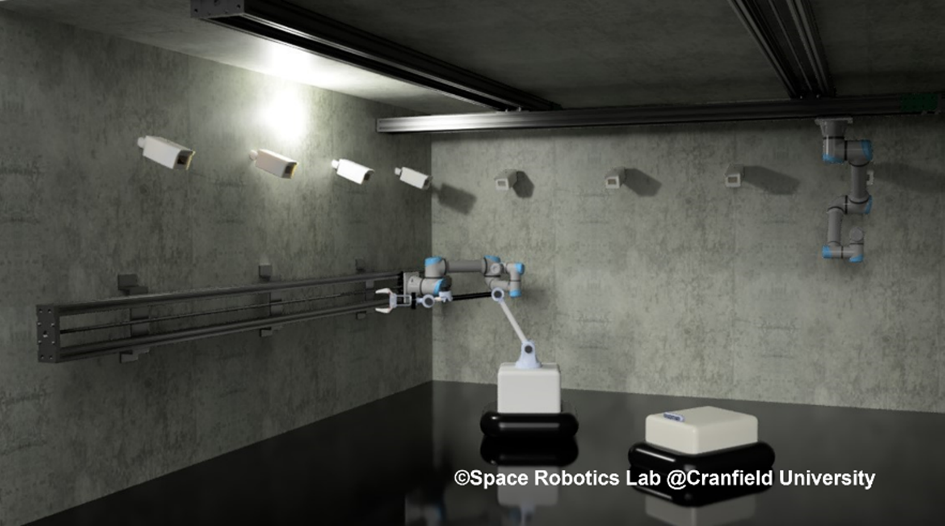 Image is a 3D CAD render of the ASTRA-Lab concept design and shows floating platforms, sensors and a robotic arm.
