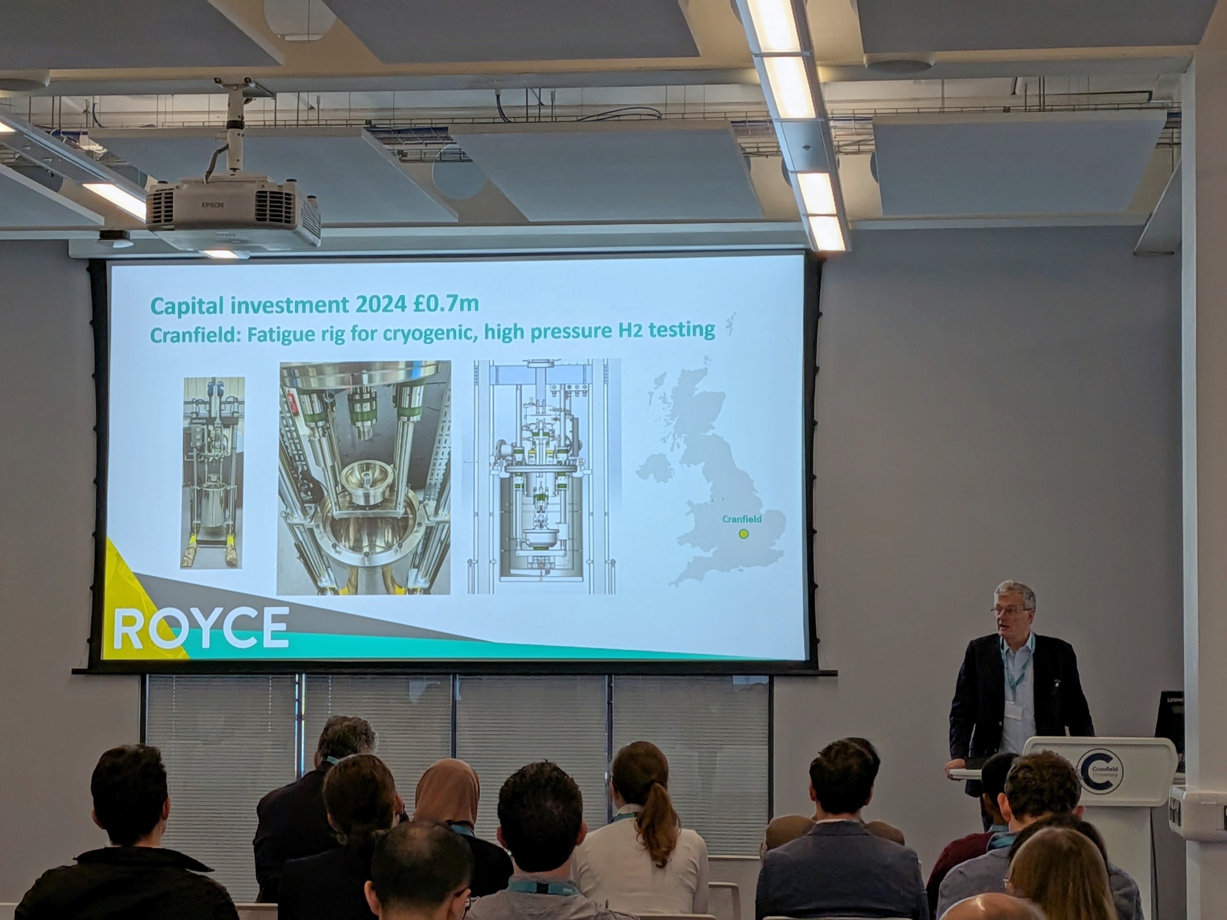 Capital investment slide at Royce Hydrogen Conference showing liquid hydrogen fatigue rig.